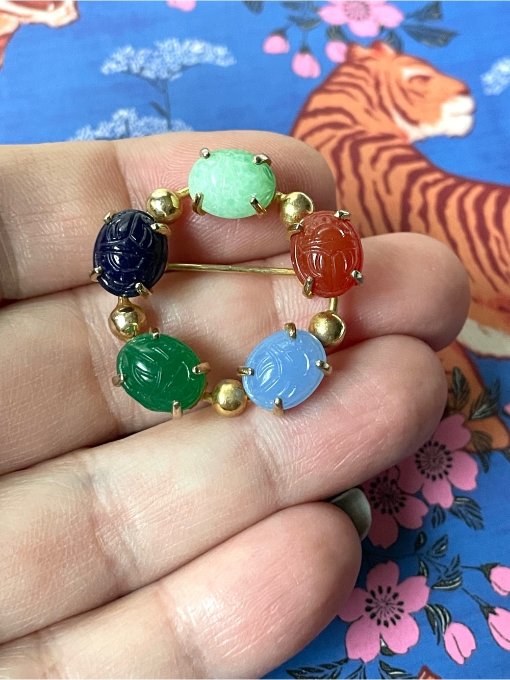 Vintage goldtone & glass? colorful scarab brooch Egyptian Revival boho